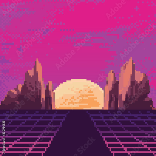 Vector Pixel Art Of 80s Retro Sci Fi Background Synthwave Vaporwave Retrowave Pixel Art Background With Mountains 8bit 8 Wall Mural Nataliia Ptashka Vector Pixel Art Of 80s Retro Sci Fi Background Synthwave Vaporwave Retrowave Pixel Art Background With Mountains 8bit 8 Wall Mural Nataliia Ptashka
