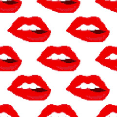 Lips seamless pattern. Pixel art 8 bit. Sweet kiss.