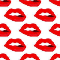 Lips seamless pattern. Pixel art 8 bit. Sweet kiss.