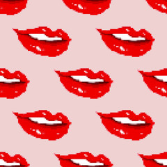 Lips seamless pattern. Pixel art 8 bit. Sweet kiss.