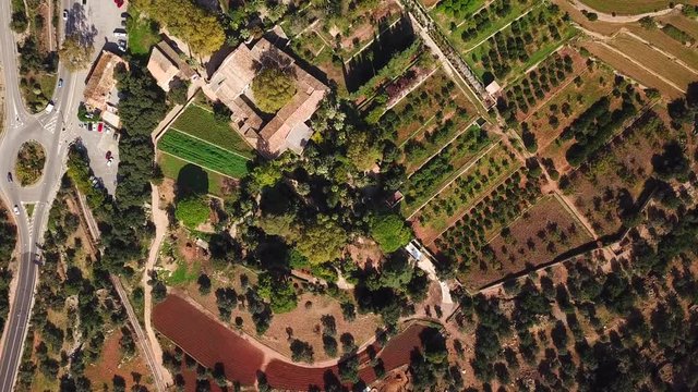 Aerial top view of the Jardines de Alfabia, Mallorca, Spain, on a sunny day
