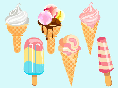 Set of 6 types of ice cream. In minimalist style. Cartoon flat raster