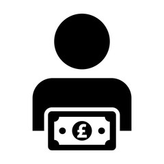 Money icon vector male user person profile avatar with Pound sign currency symbol for banking and finance in flat color glyph pictogram illustration