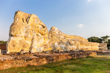 Large white buddha lying at Wat Lokayasutharam Temple in Buddhist temple Is a temple built in ancient times at Ayutthaya near Bangkok. Thailand