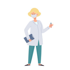 Blondy woman doctor in protective face mask with blood tube