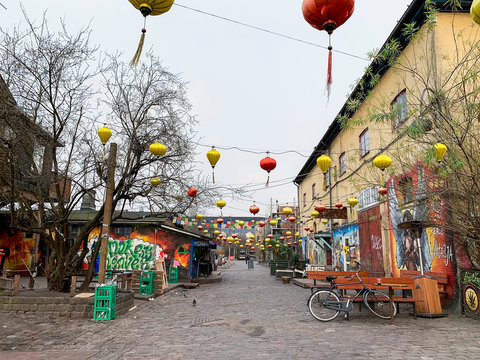 Street in the freetown Christiania alternative community. Copenhagen, Denmark. February 2020
