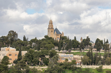 Fototapeta na wymiar View of the old town and Dormition Abbey in Jerusalem old city in Israel