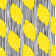 Lemon seamless pattern in doodle style on stripes background.