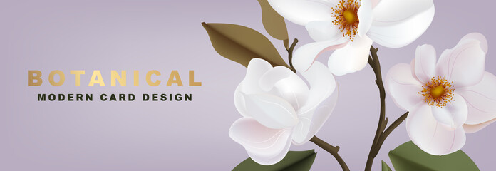 Obraz na płótnie Canvas White Magnolia romantic floral advertising: promotion banner, greeting card, party invitation, holiday sales, poster, website banner, packaging, email discount template. Horizontal Vector.