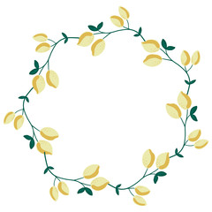 Round frame with decorative lemons and leaves.  Vector hand drawn illustration isolated on white background. Great for package design, home decor, invitation cards.