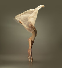 Graceful classic ballerina dancing, posing isolated on grey studio background. Tender beige cloth....