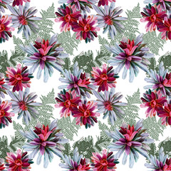 Tropical plants seamless pattern, colored flowers.