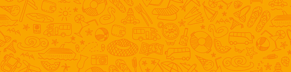 Seamless horizontal pattern with summer travel hand drawn icons on orange background. Vector illustration.