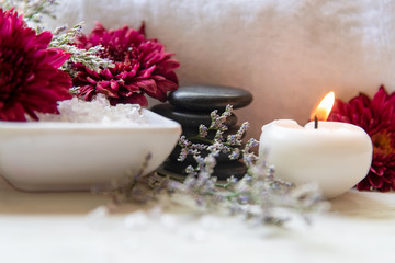 Obraz na płótnie Canvas Spa beauty massage health wellness background. Spa Thai therapy treatment aromatherapy for body woman with flower nature candle for relax and summer time, top view.  Lifestyle and cosmetic Concept