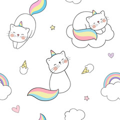 Draw seamless pattern caticorn with clouds and a rainbow. © anchalee
