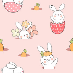 Draw seamless pattern rabbit with flower and carrot.