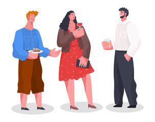 Friends have conversation, spending time together. Home reception, banquet with food and drinks. Men hold glass in hand and guy stand with cake on plate. People isolated on white. Vector illustration