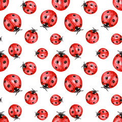 Watercolor illustration of seamless pattern with red ladybugs insects