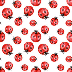Obraz premium Watercolor illustration of seamless pattern with red ladybugs insects
