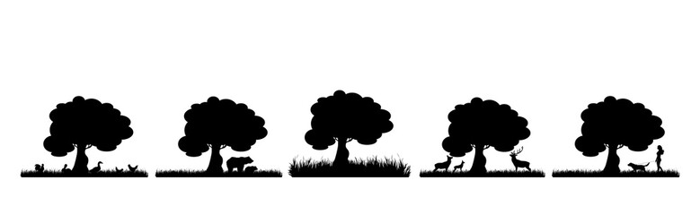 Collection of vector silhouette of tree in meadow with animals on white background. Symbol of nature and plant.