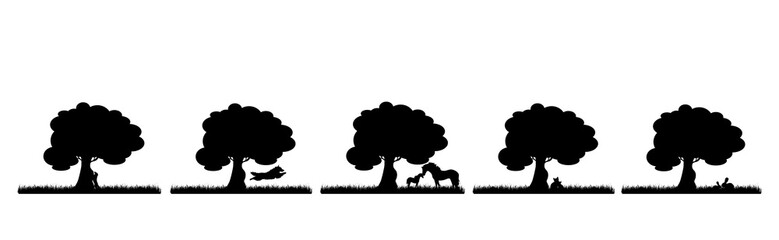 Collection of vector silhouette of tree in meadow with animals on white background. Symbol of nature and plant.