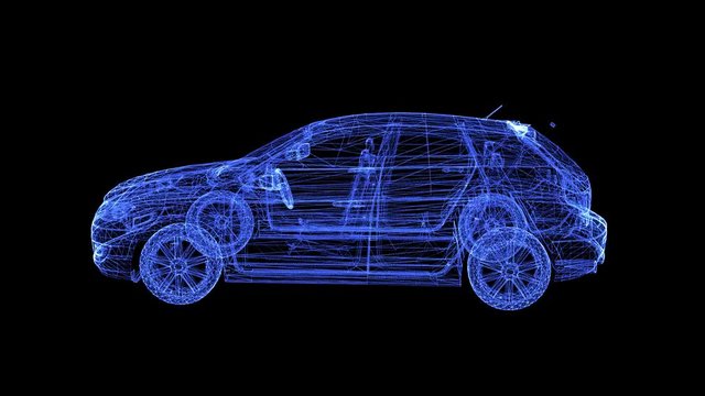 Hologram of a rotating hatchback. 3D animation of Subcompact Vehicle on a black background with a seamless loop
