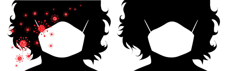 Vector silhouette of children who is spreading bacteria with medical mask on white background. Symbol of disease and coronavirus.