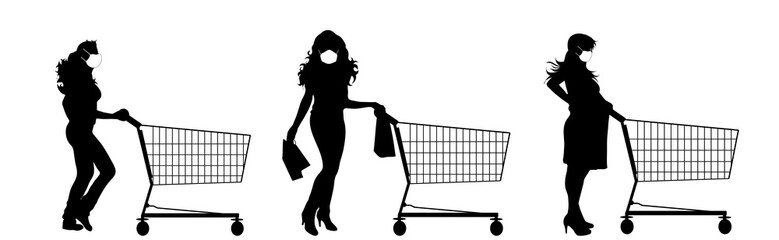 Set of vector silhouette of people push shopping cart with medical mask on white background. Symbol of shop accessories and healthy protection.