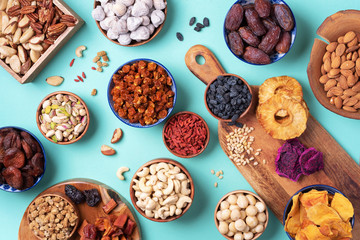 Assortment of nuts and dried fruits - brazil nuts, cashew, pecan, almonds, macadamia, pine nuts, hazelnuts, pineapple, raisins, dates, dried apricots, goji, papaya, figs, mulberry on blue background