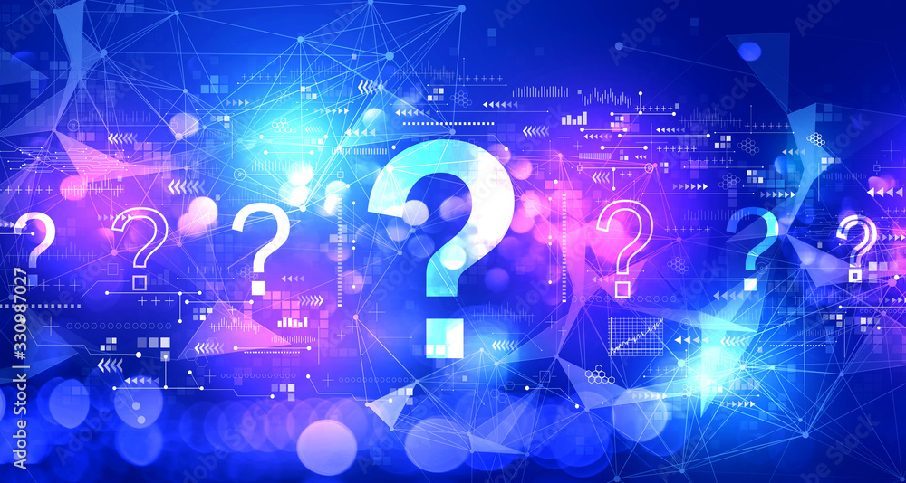 Poster question marks with technology blurred abstract light background