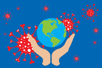 Vector illustration of hands in defensive gesture protection globe spreading virus sign in air. Symbol of disease and coronavirus.