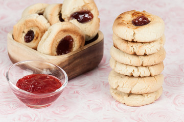 Tasty butter cookies with jam point; homemade cookies.