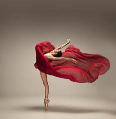 Free flight. Graceful classic ballerina dancing on grey studio background. Deep red cloth. The grace, artist, movement, action and motion concept. Looks weightless, flexible. Fashion, style.