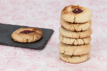 Tasty butter cookies with jam point; homemade cookies.