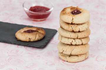 Tasty butter cookies with jam point; homemade cookies.