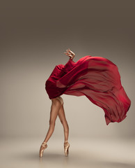 Free flight. Graceful classic ballerina dancing on grey studio background. Deep red cloth. The...