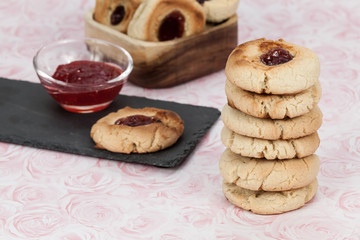 Tasty butter cookies with jam point; homemade cookies.