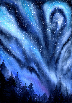 northern lights in the forest, watercolor illustration
