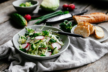 Spring veggie salad with cabbage, radish and cucumbers on a plate