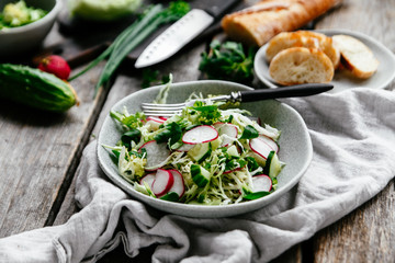Spring veggie salad with cabbage, radish and cucumbers on a plate