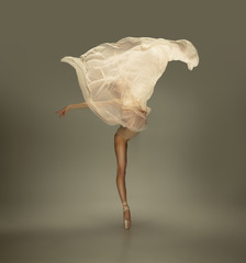 Flower blossom. Graceful classic ballerina dancing on grey studio background. Tender beige cloth....