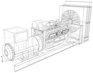 Generator. Diesel and gas industrial electric generator. The layers of visible and invisible lines are separated. Wire-frame outline. © mirexon