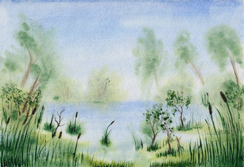 Watercolor painting with colorful summer landscape in light sunrise colors. Calm swamp with grass. Abstract peaceful hand drawn background. Meditation, restore, serenity, relaxing nature concept.
