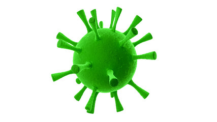 Green colored spherical virus with big legs on white background