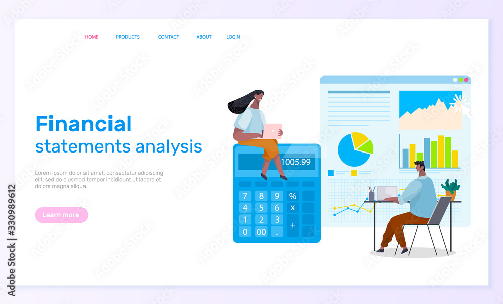 Poster financial statements analysis and accounting with calculator online. people communicating with compu