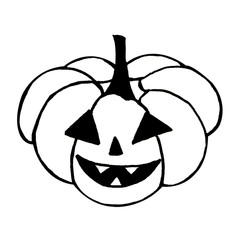 illustration in black pencil. hand painted. one cartoon pumpkin with cut out face on a white background.