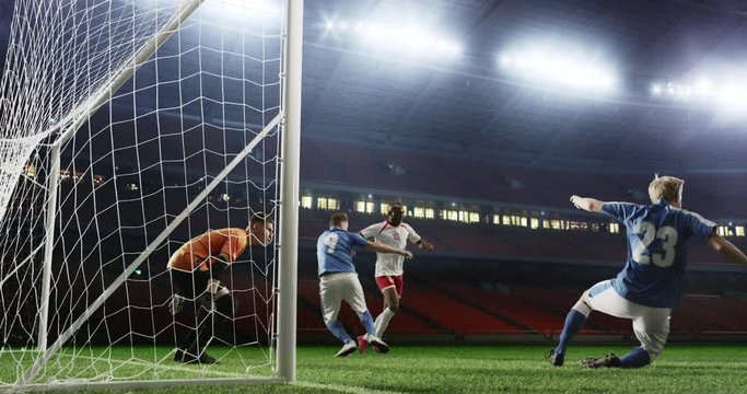 Soccer player scores a goal on the empty soccer stadium. No spectators on the tribunes. Stadium is made in 3D.