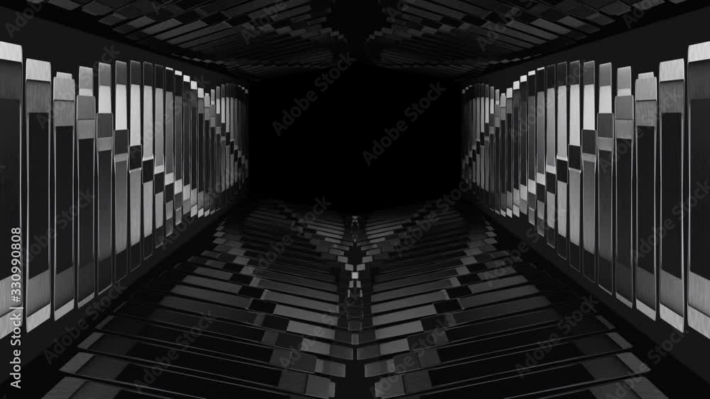 Poster loop able futuristic dark grid tunnel wall or floor design background.