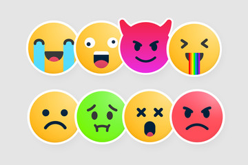 Collection emoji stickers vector design. Happy, crazy, evil, funny, sad, vomit, surprised, angry emotion icons set. Emoticon signs.