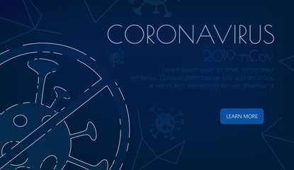 Coronavirus protection. Vector web page layout. Minimalistic layout with a dangerous virus icon on a blue background with geometric elements. Landing Page. Dark banner about coronavirus.